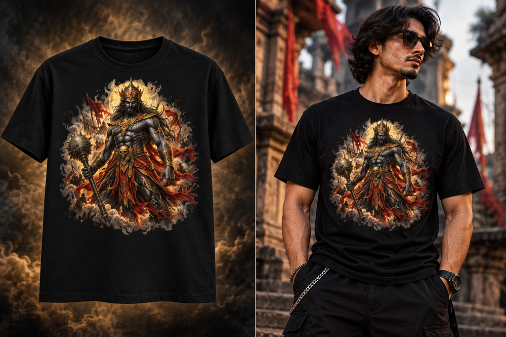 A black short-sleeve graphic T-shirt shown in two views: a clean product shot on the left and worn by a man on the right. The shirt features a large circular fantasy illustration of a muscular warrior figure with a gold crown and red flowing fabric, surrounded by smoke and fiery effects.