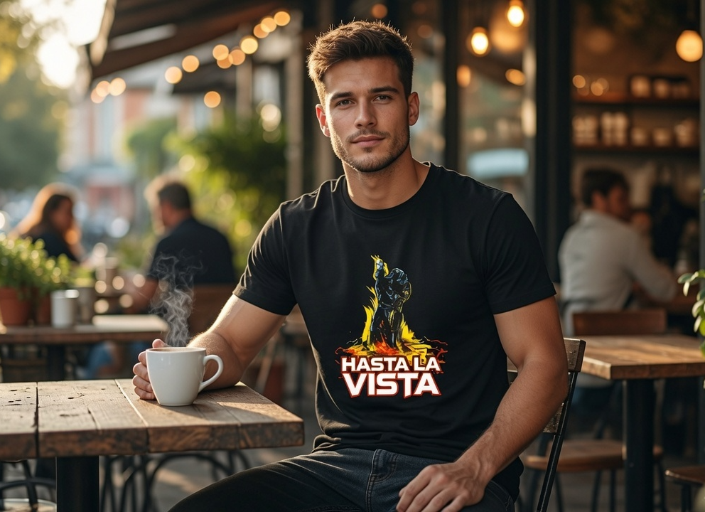 Hasta La Vista Terminator Inspired T-Shirt – Black Graphic Tee with Flames & Soldier