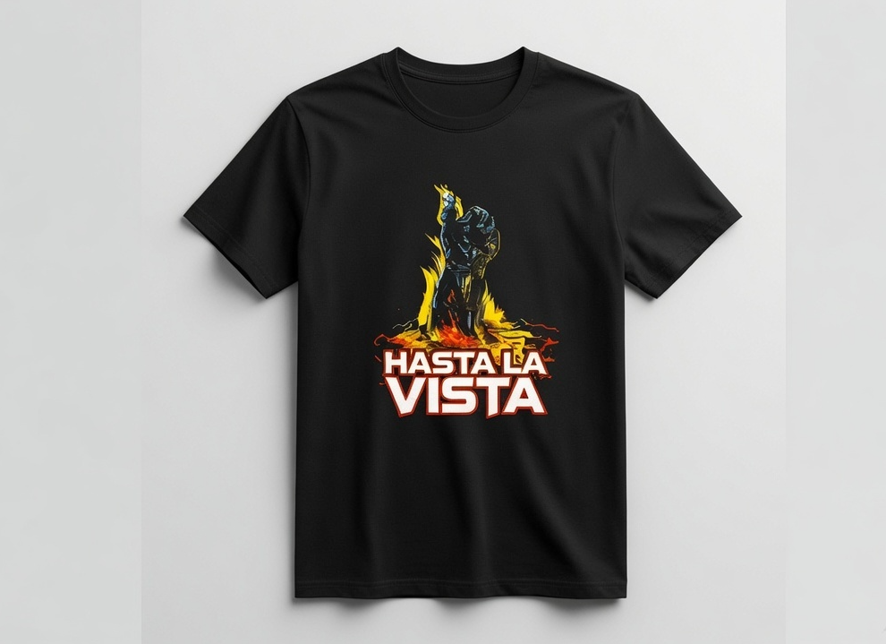 A black short-sleeve crewneck t-shirt with a graphic print of a soldier in a helmet standing in flames above the Spanish text 'HASTA LA VISTA' in white and red, displayed on a light gray background.