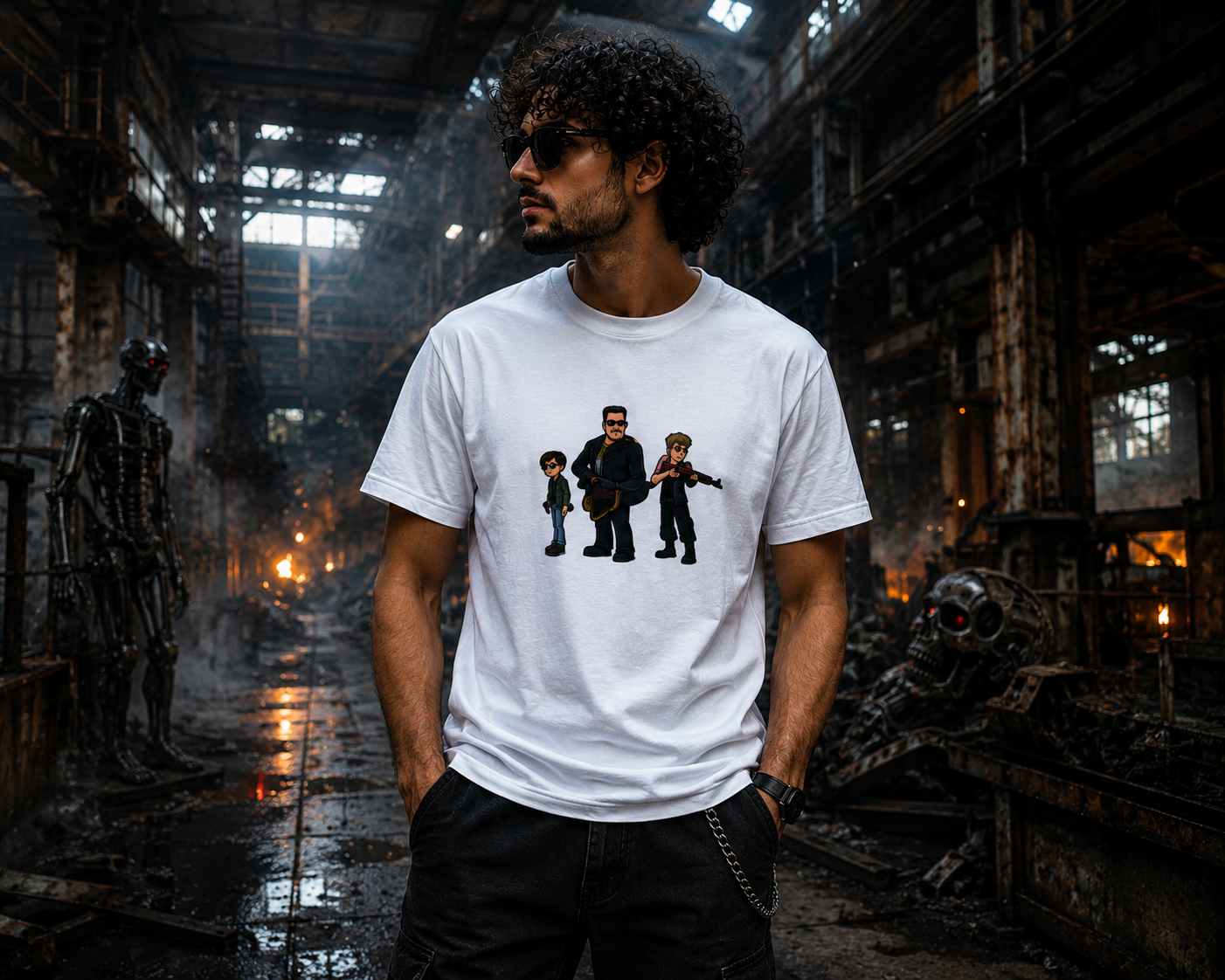 A man wearing a white graphic t-shirt with a print of the band Guns N' Roses, standing in a dark, industrial, smoky factory setting.