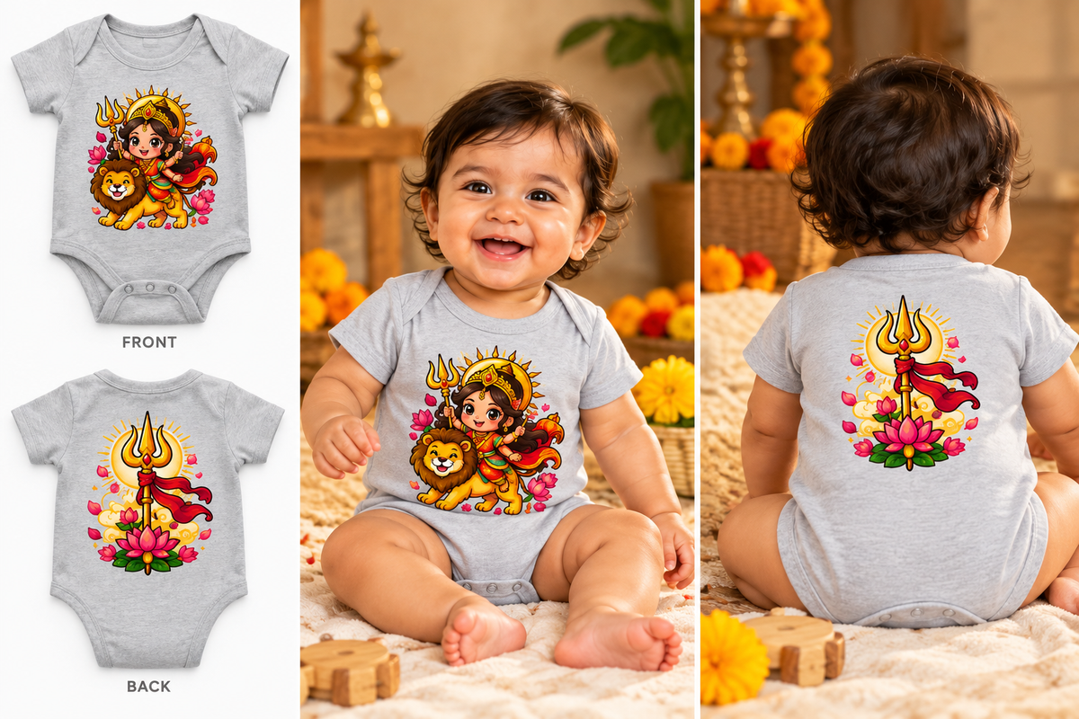 A baby bodysuit shown in front and back views, with a smiling baby modeling the front view in a warm indoor setting. The bodysuit is light gray with a colorful graphic of a trident deity, lion, and flowers.