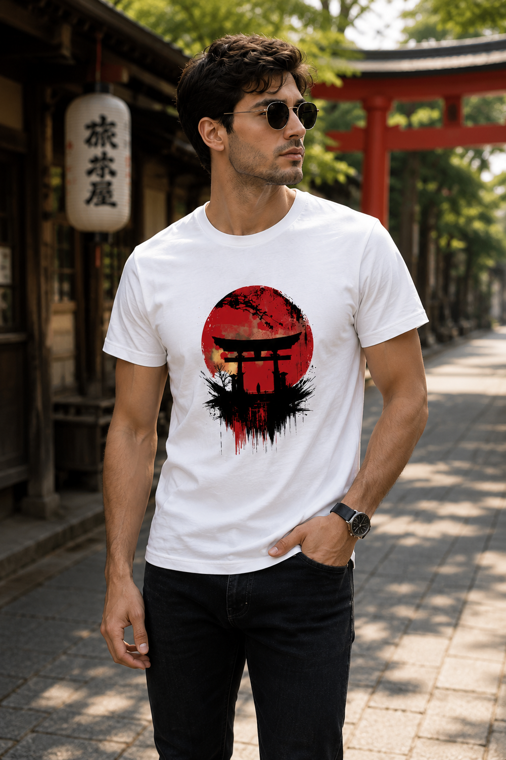 A man wearing a white graphic t-shirt with a red and black Japanese torii gate and sun design, standing on a stone pathway in front of a traditional Japanese building with a red torii gate in the background.