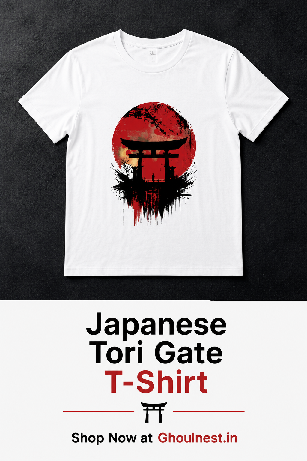 White short-sleeve T-shirt with a Japanese Tori Gate graphic featuring a red full moon and black silhouette, displayed on a dark textured background with promotional text below.