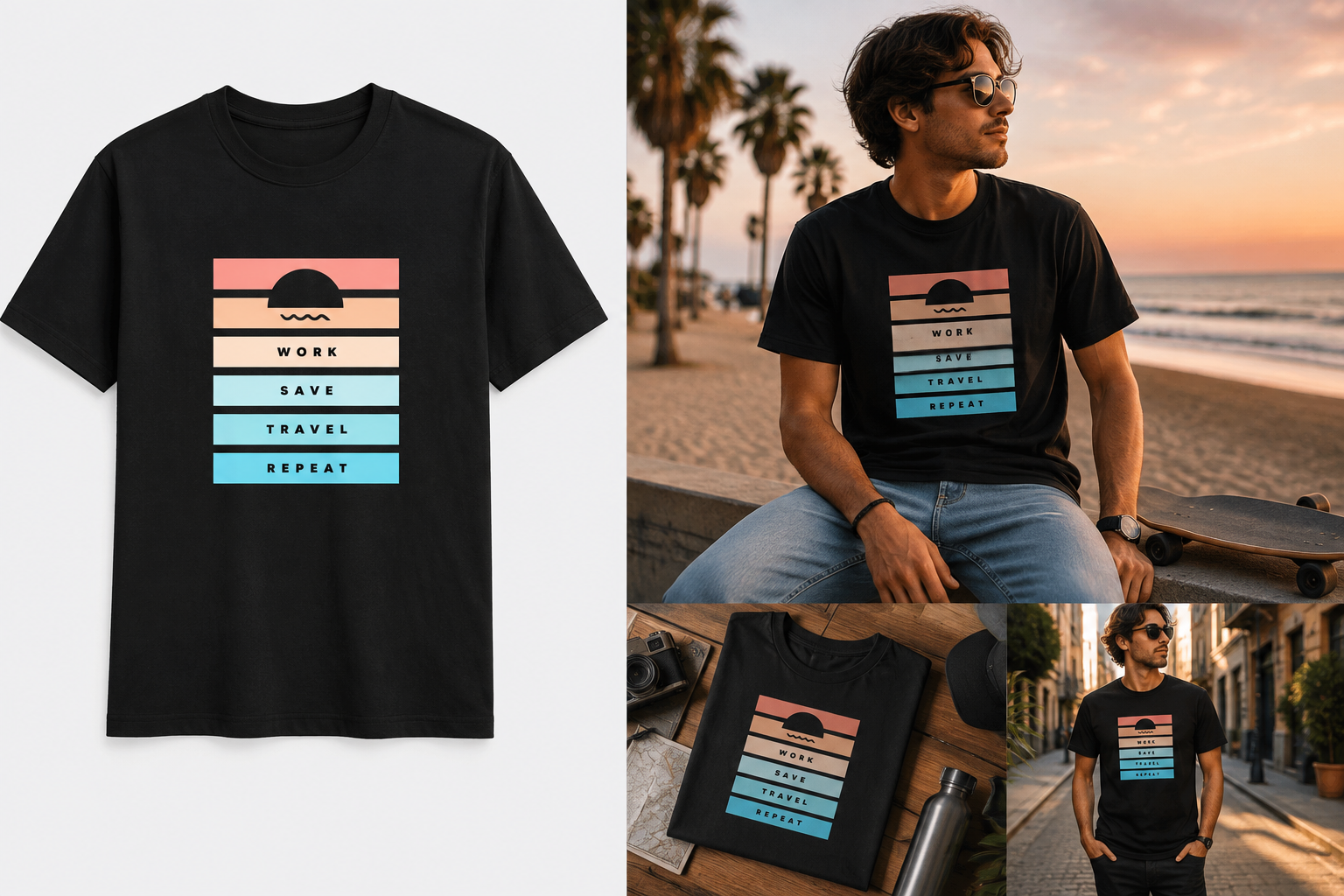 Work Save Travel Repeat T-Shirt | Minimalist Travel & Adventure Shirt