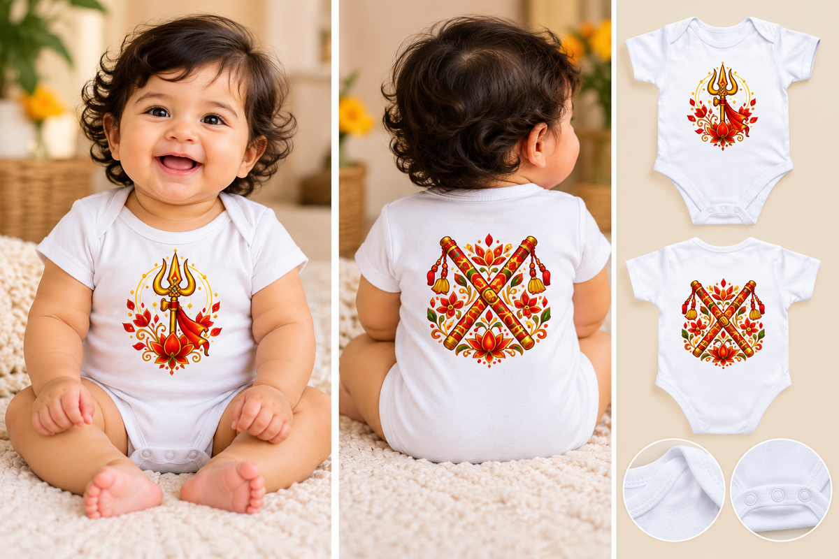 A baby bodysuit shown on a smiling toddler in front and back views, plus two flat product views and two close-up fabric detail circles on the right. The bodysuit is white with a large red, orange, and gold graphic featuring crossed elements and floral motifs.