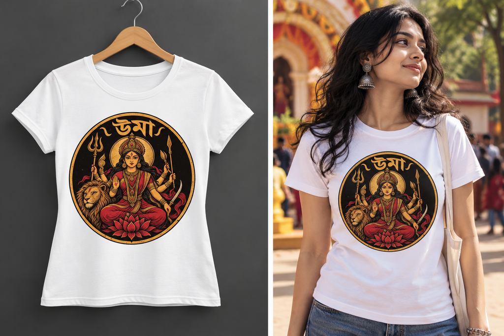 White short-sleeve T-shirt with a large circular Hindu deity graphic in red, gold, and black, shown hanging on a wooden hanger against a dark gray background on the left, and worn by a woman outdoors on the right.