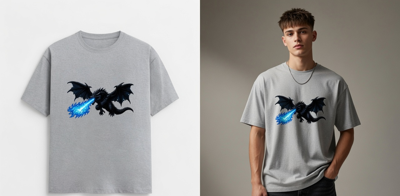 A light gray crewneck t-shirt featuring a graphic of a black dragon breathing blue fire, shown both as a flat product shot on the left and modeled by a young man on the right.