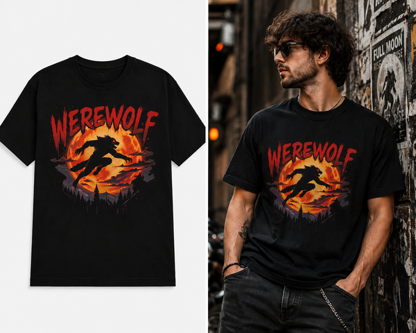 A black short-sleeve graphic T-shirt shown on a plain light background on the left, and worn by a man in a dark urban setting on the right. The shirt features a large red 'WEREWOLF' graphic above a fiery orange and yellow werewolf silhouette with dark mountain silhouettes.