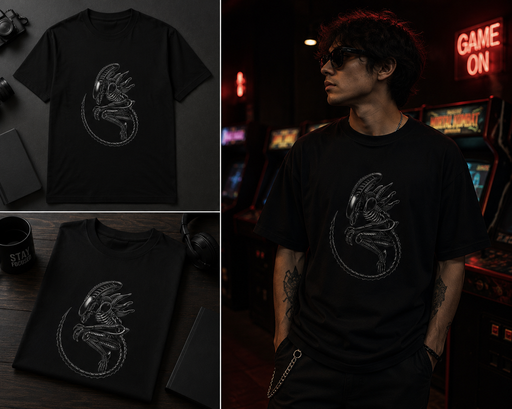 Minimal Xenomorph T-Shirt | Biomechanical Sci-Fi Horror Graphic Tee | GhoulNest