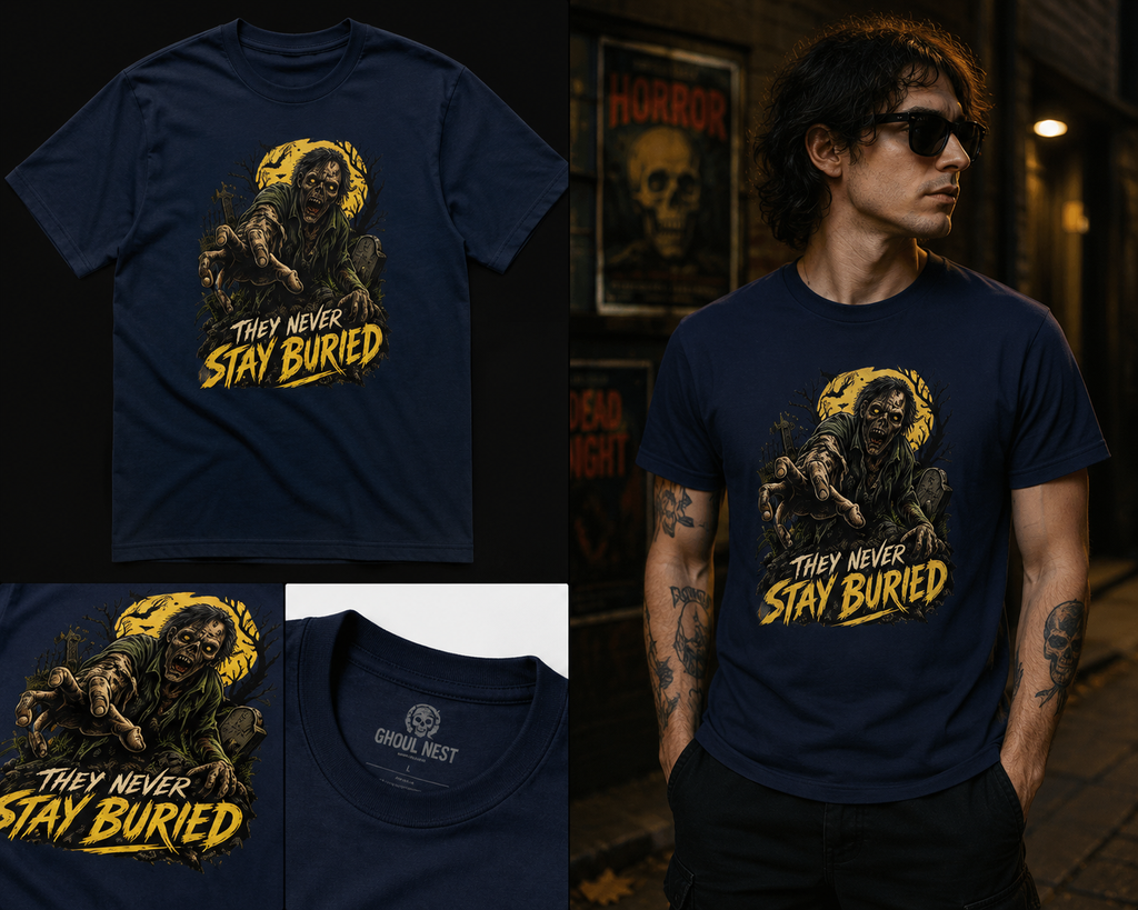 They Never Stay Buried – Zombie Horror Graphic T-Shirt