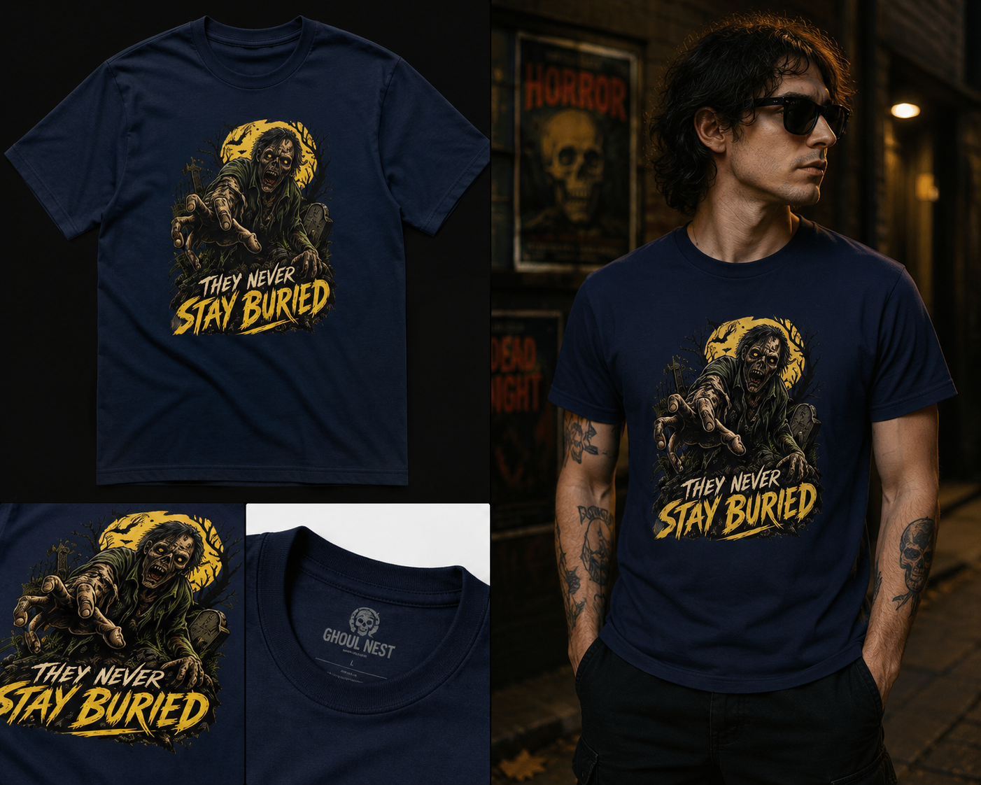 They Never Stay Buried – Zombie Horror Graphic T-Shirt