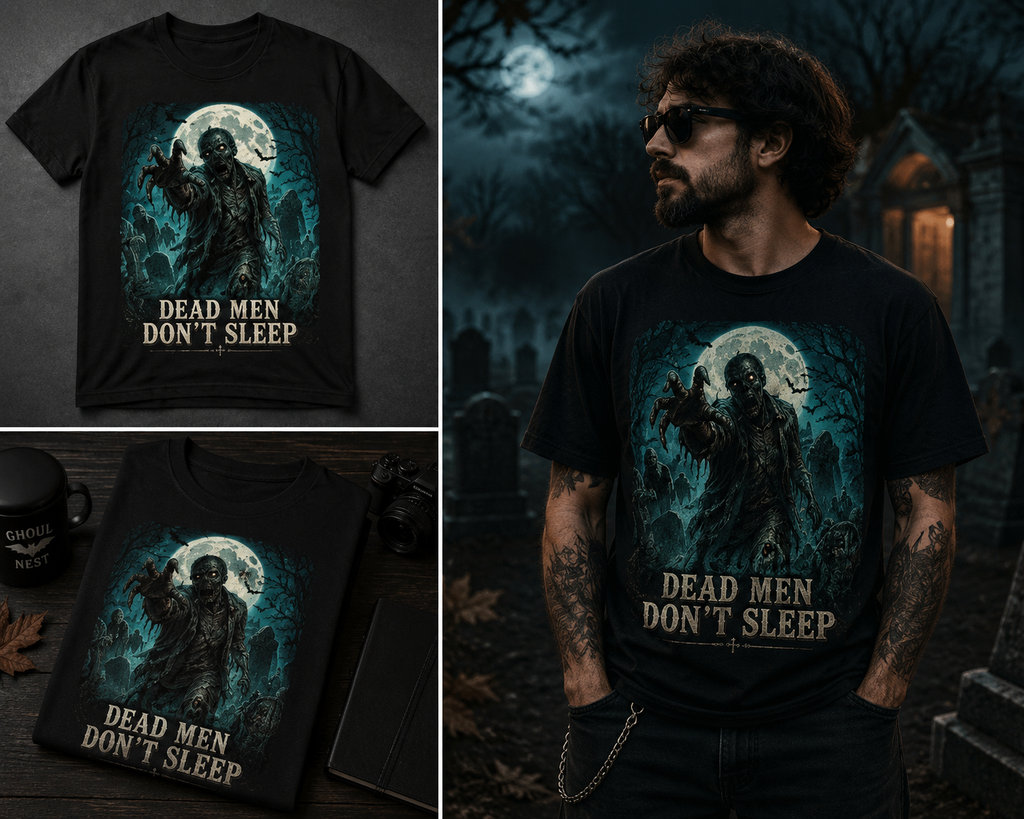 A black graphic T-shirt with a spooky zombie illustration and the text 'DEAD MEN DON'T SLEEP' shown in multiple views, including a model wearing it and flat-lay mockups on a dark themed background.