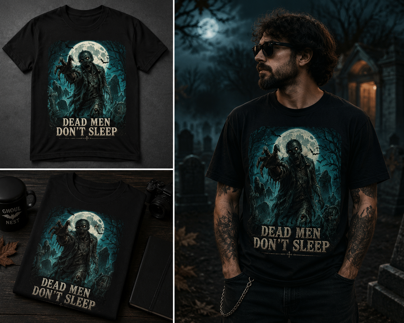 A black graphic T-shirt with a spooky zombie illustration and the text 'DEAD MEN DON'T SLEEP' shown in multiple views, including a model wearing it and flat-lay mockups on a dark themed background.